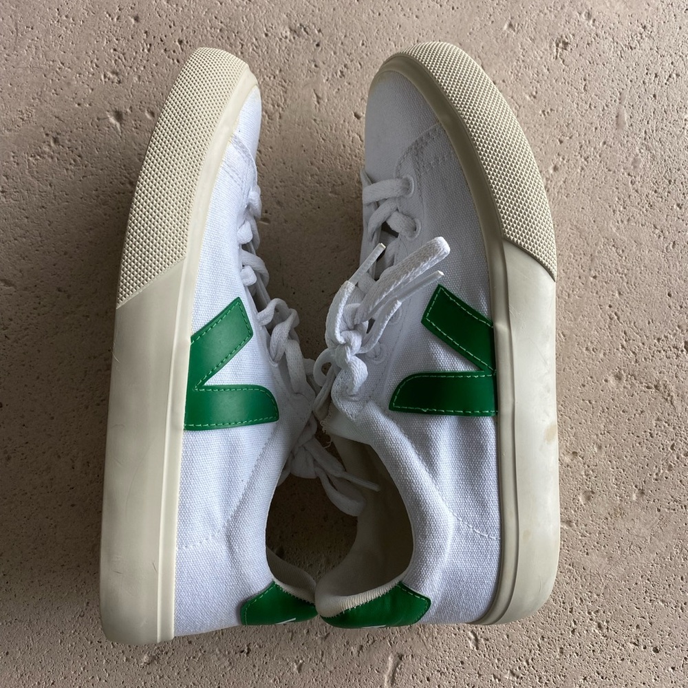 Veja White Canvas Sneakers with Green Accents